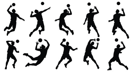 Collection of black silhouette illustrations of people playing volleyball in various poses