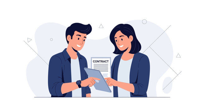 Business partners reviewing contract on tablet, modern flat illustration