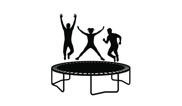 Black silhouette illustration of three people jumping high on a large circular backyard trampoline