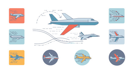 Set of Airplane Icons and Flight Routes for Air Travel and Aviation on Isolated White Background © Reza