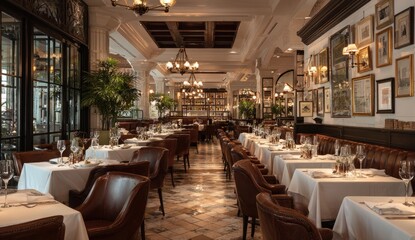 Fototapeta premium Elegant Restaurant Interior with Tables Set for Dining.