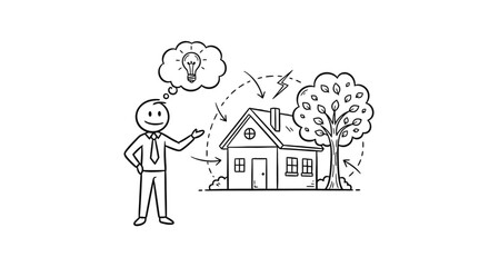 Happy Stick Figure Man Getting a Bright Idea for a House and Environment in a Doodle Style on Isolated White Background