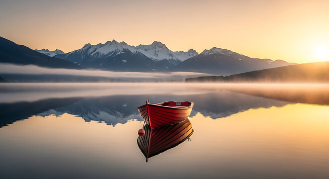 Red rowboat floating on a calm lake with mountain reflection