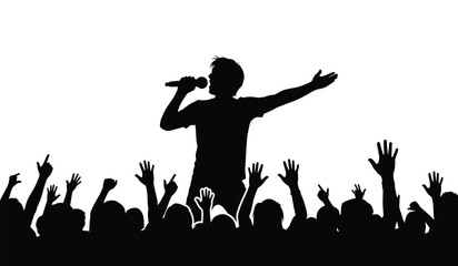 A silhouette of a male singer performing on stage in front of a cheering crowd with raised hands