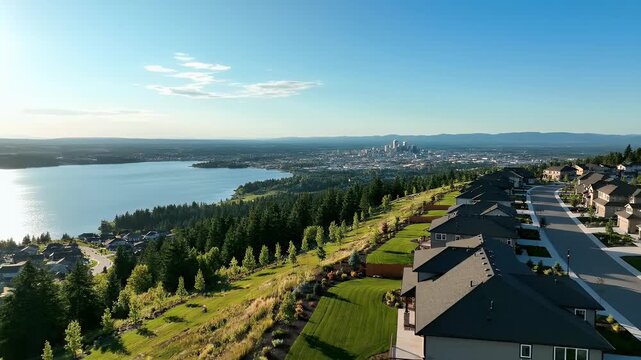 Panoramic Hilltop View of Liberty Lake, Washington: Newer Subdivision Homes Overlooking Spokane and Spokane Valley in Distance, Scenic Community Landscape