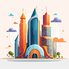 Fototapeta premium Vibrant futuristic cityscape illustration with modern architecture, showcasing innovative urban design and colorful downtown skyline