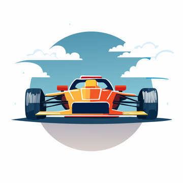 Vibrant vector illustration of a high-performance open-wheel racing vehicle under a blue sky, symbolizing speed