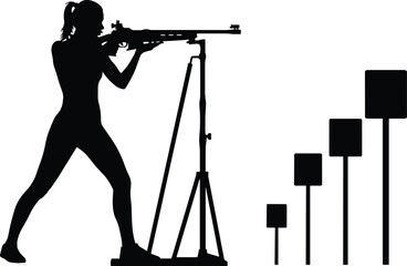 Female biathlon shooter silhouette aiming rifle on tripod, winter sport target shooting athlete, professional marksmanship vector illustration isolated on white background