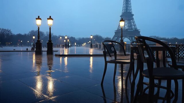 Eiffel Tower stands tall on a rainy evening with empty chairs and street lamps reflecting on wet pavement in Paris.