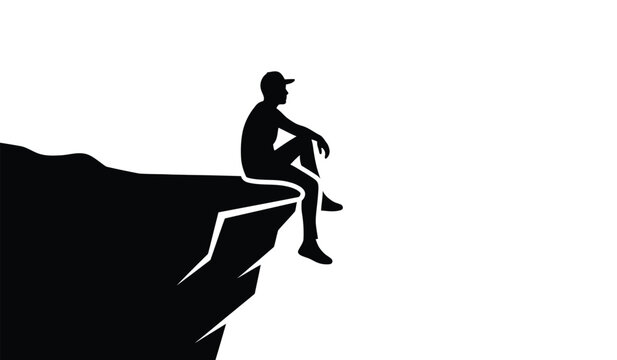 A silhouette of a lone person sitting peacefully on the edge of a high cliff overlooking the abyss
