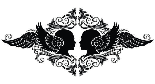 Elegant black silhouette of two facing profile heads with ornate wings and floral design