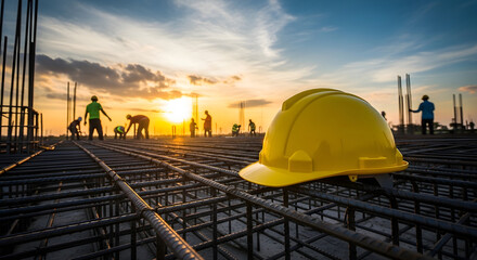 Obraz premium Construction site at sunset with workers and safety gear