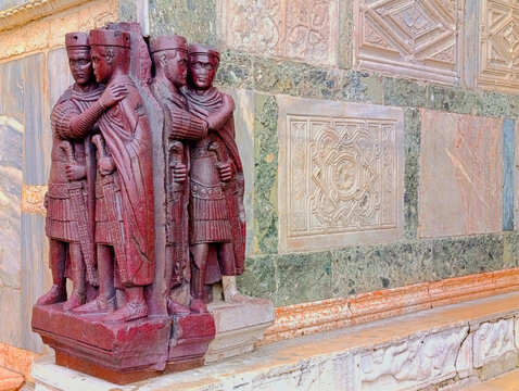 View of the Four Tetrarchs located on the facade of St. Mark's Basilica in Venice, Veneto, Italy