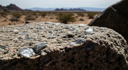 Rough hewn granite stone with visible mineral flecks in arid desert landscape