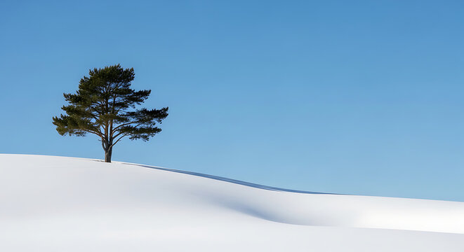 A lone pine tree stands on a snowy hill under a clear blue sky