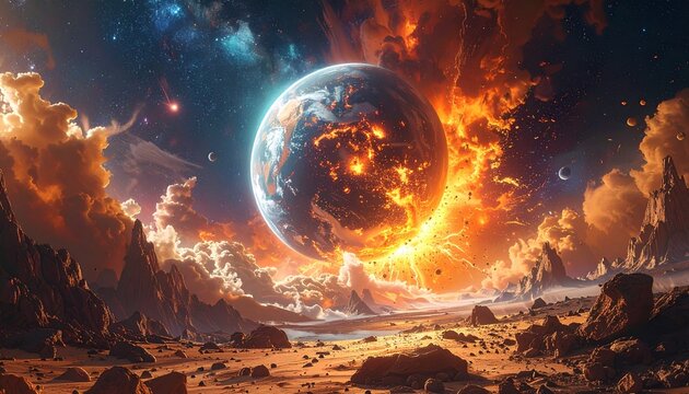 concetto di caos e distruzione nell'universo, illustrazione 3d, pianeti in fase di distruzione, in un ambiente di fantasia