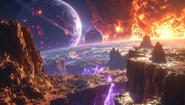 superficie rocciosa di un pianeta di fantasia, visto dall'esterno della sua atmosfera, divisa in parti da grandi canyon. pianeti, nebulose e stelle nello spazio cosmico sullo sfondo