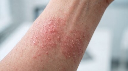 Fototapeta premium Close-up of dry, irritated skin on arm with redness and scaling in bright indoor environment