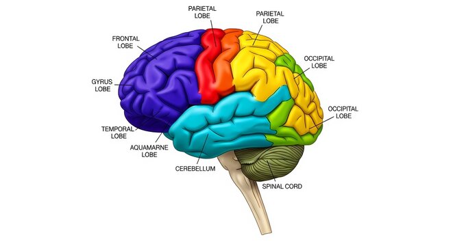 Detailed colorful brain diagram with labeled lobes and sections on white background
