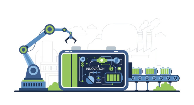 Sustainable Energy Battery Production Line with Robotic Automation. Innovative Green Technology & Industrial Manufacturing Process for Renewable Power Storage.