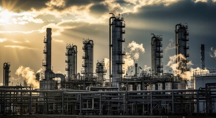Obraz premium Industrial Landscape with Smokestacks and Sunset Sky Over Factory