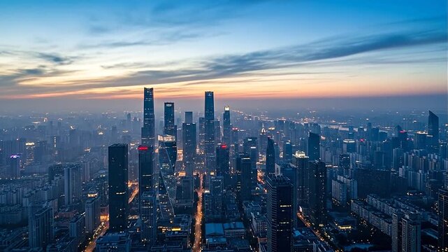 Aerial cityscape at sunset with skyscrapers.