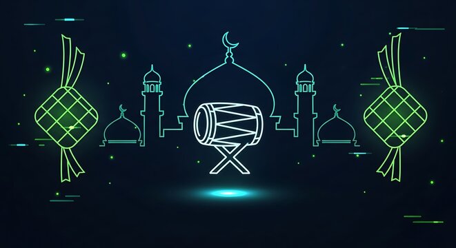 Modern digital illustration featuring neon glowing lines of a mosque silhouette, traditional bedug drum, and ketupat icons on a dark blue tech-style background for Eid celebration