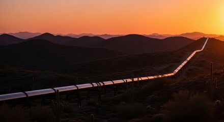 Serene Sunset Over Pipeline in Arid Desert Landscape