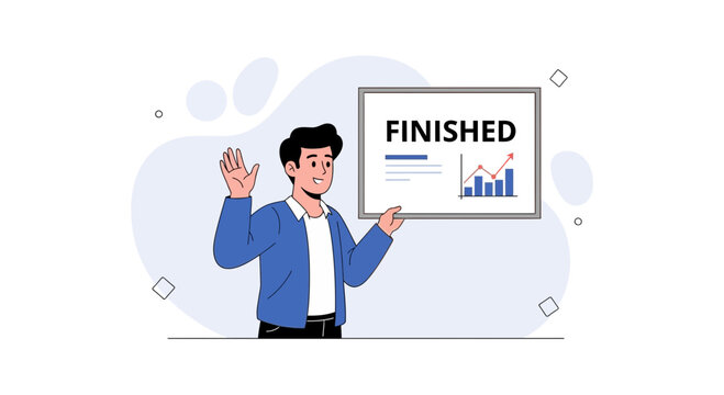 Man holding board with FINISHED text and business graph, project completion concept