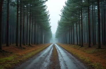 Obraz premium Empty wet forest road lined with tall pine trees. Morning fog creates a mystical atmosphere on the pathway through the woods. Autumn foliage carpets the ground around the trees.