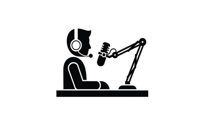 A black icon showing a person wearing a headset and speaking into a professional boom microphone © rsvect02