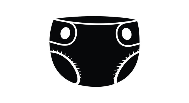 A stark black silhouette depicts a disposable baby diaper with distinct fastener tabs and absorbent padding silhouette