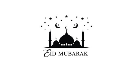 Eid mubarak greeting featuring a mosque silhouette and sparkling stars © Apon