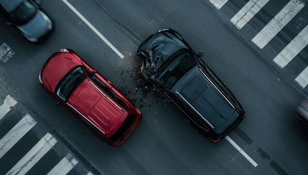 Aerial View of Two Cars Collided at a Pedestrian Crossing.