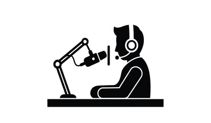 A silhouette icon of a person wearing headphones and speaking into a professional boom microphone © rsvect02