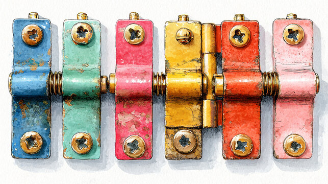 Colorful watercolor illustration of antique rusty hinges in a row.