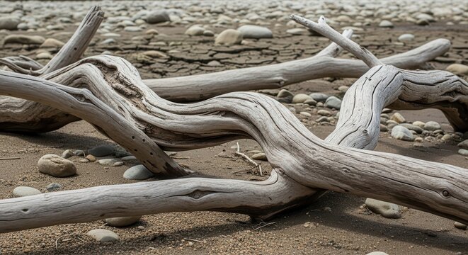 Smooth, weathered branches of driftwood resting on a pebbly shore, showcasing natural organic forms and textures.