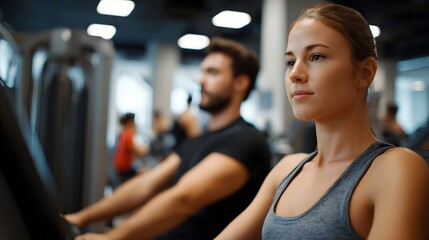 Fototapeta premium A focused woman and man engage in a fitness workout session on modern gym equipment promoting health and an active lifestyle