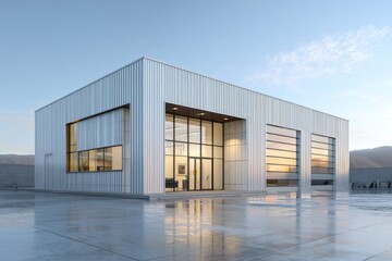Fototapeta premium Modern industrial building facade features corrugated metal siding and large glass entryway