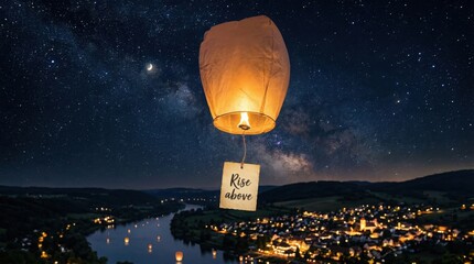 Obraz na płótnie Canvas Sky lantern floating above night city lights with milky way