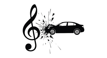 A striking visual depicts a car impacted by a musical clef resulting in a dynamic explosion a silhouette © Komla02