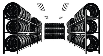 A stark black and white depiction of stacked tires within a warehouse storage space presented as a silhouette © Komla02