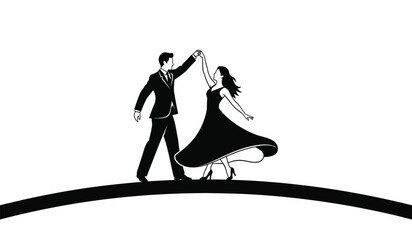 A silhouette of a man and a woman dancing together on a curved line representing a global sphere