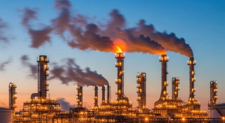 Obraz premium Industrial Complex with Smoke Stacks and Flare at Sunset Sky
