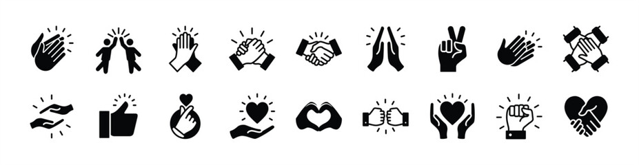 Clap and applause icon vector set. Contains cheers hand, handshake, peace, thumbs up, love, care, passion, together, help, support, partnership, agreement, trust, cooperation, high five - illustration