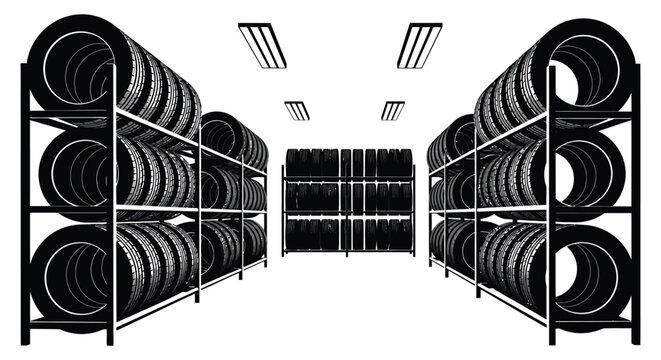 A stark black and white depiction of stacked tires within a warehouse storage space presented as a silhouette