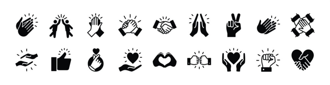 Clap and applause icon vector set. Contains cheers hand, handshake, peace, thumbs up, love, care, passion, together, help, support, partnership, agreement, trust, cooperation, high five - illustration
