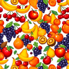 Colorful fresh fruit seamless pattern with bananas cherries grapes apples