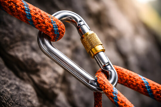 Climbing rope secured with locking carabiner, mountaineering safety connector attached to rock surface, outdoor adventure equipment close up, climbing protection gear for alpinism rescue training and 