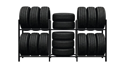 A neatly stacked arrangement of multiple black tires on a metal rack presented as a striking silhouette © Komla02